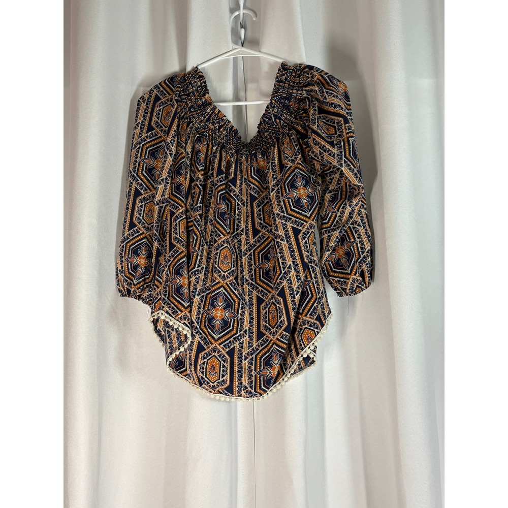 A'GACI Navy Orange Geometric Floral Smocked Off Shoulder Pom Pom Blouse WC0055